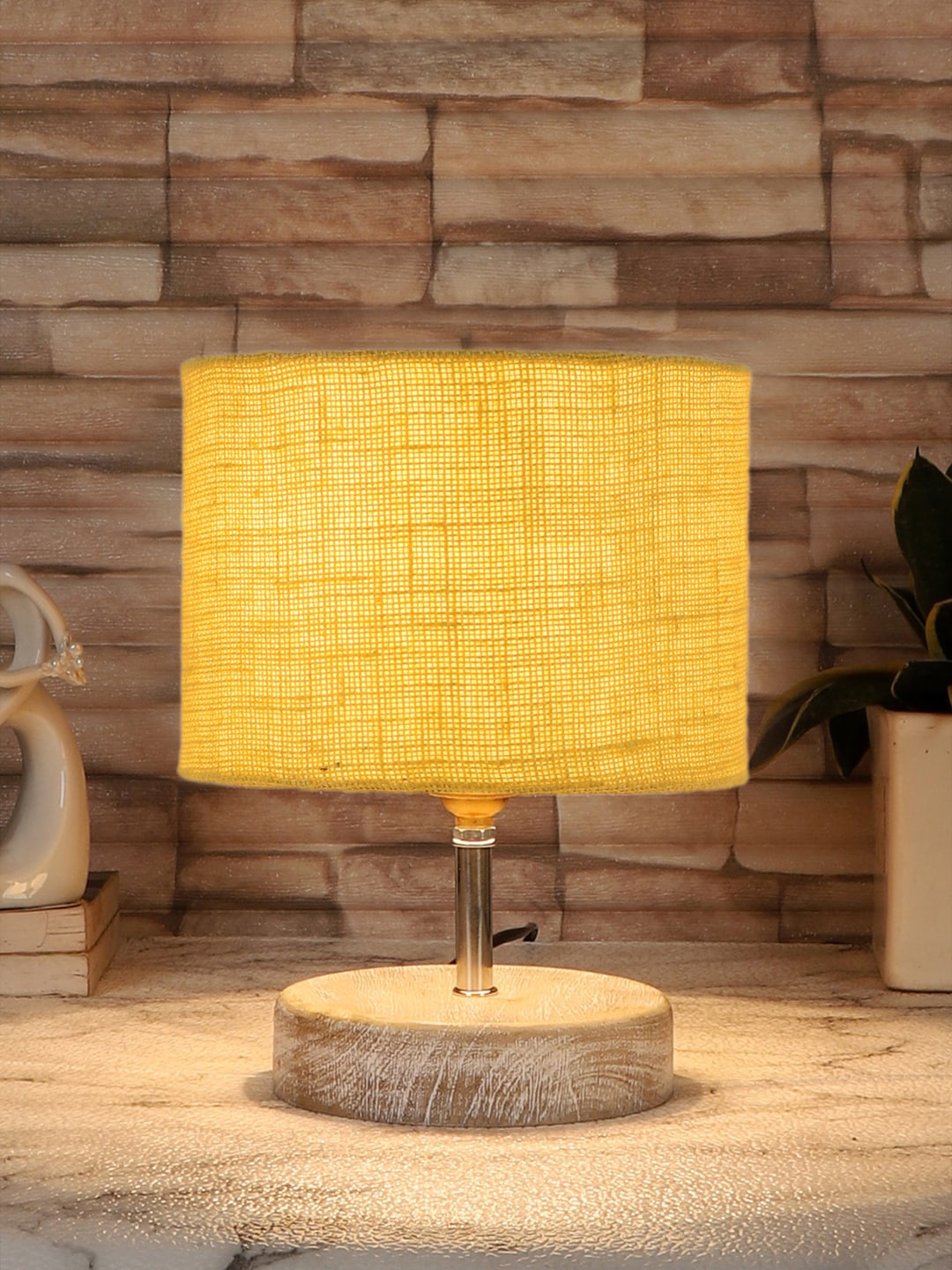 

Devansh Yellow & White Textured Jute Table Lamp With Wood Base