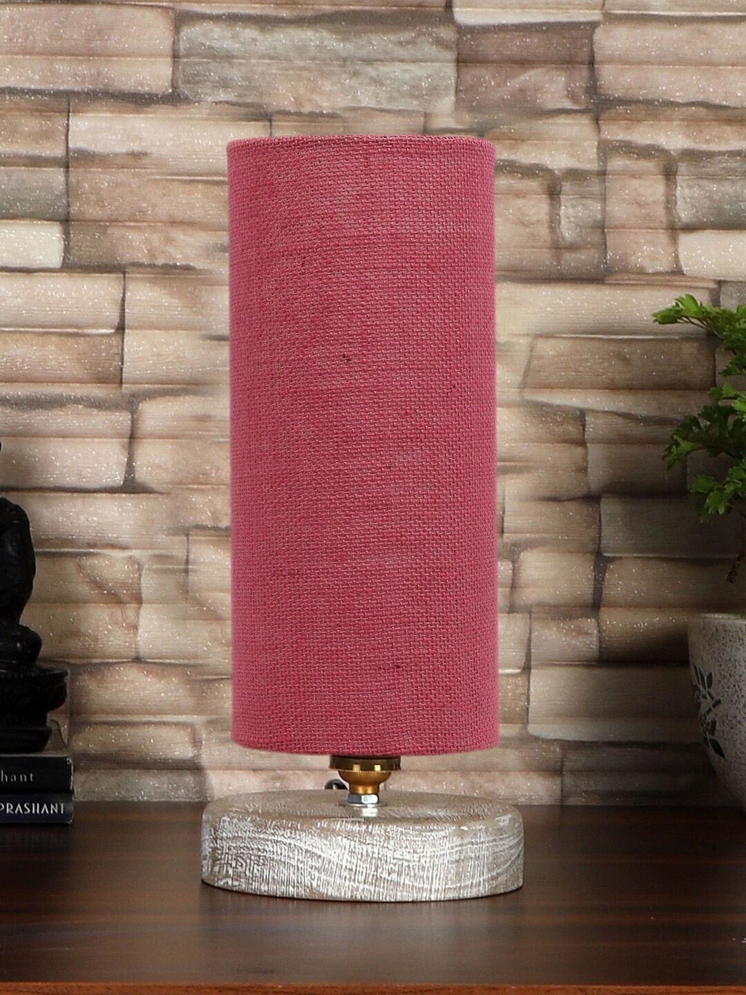 

Devansh Pink & White Textured Jute Table Lamp With Wood Base