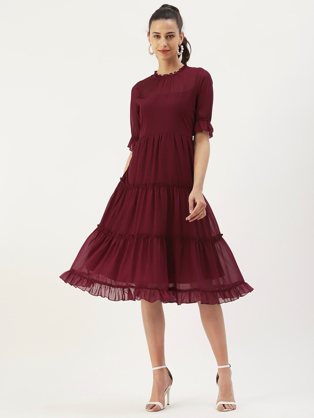 

DressBerry Tiered Fit and Flare Cotton Dress, Burgundy