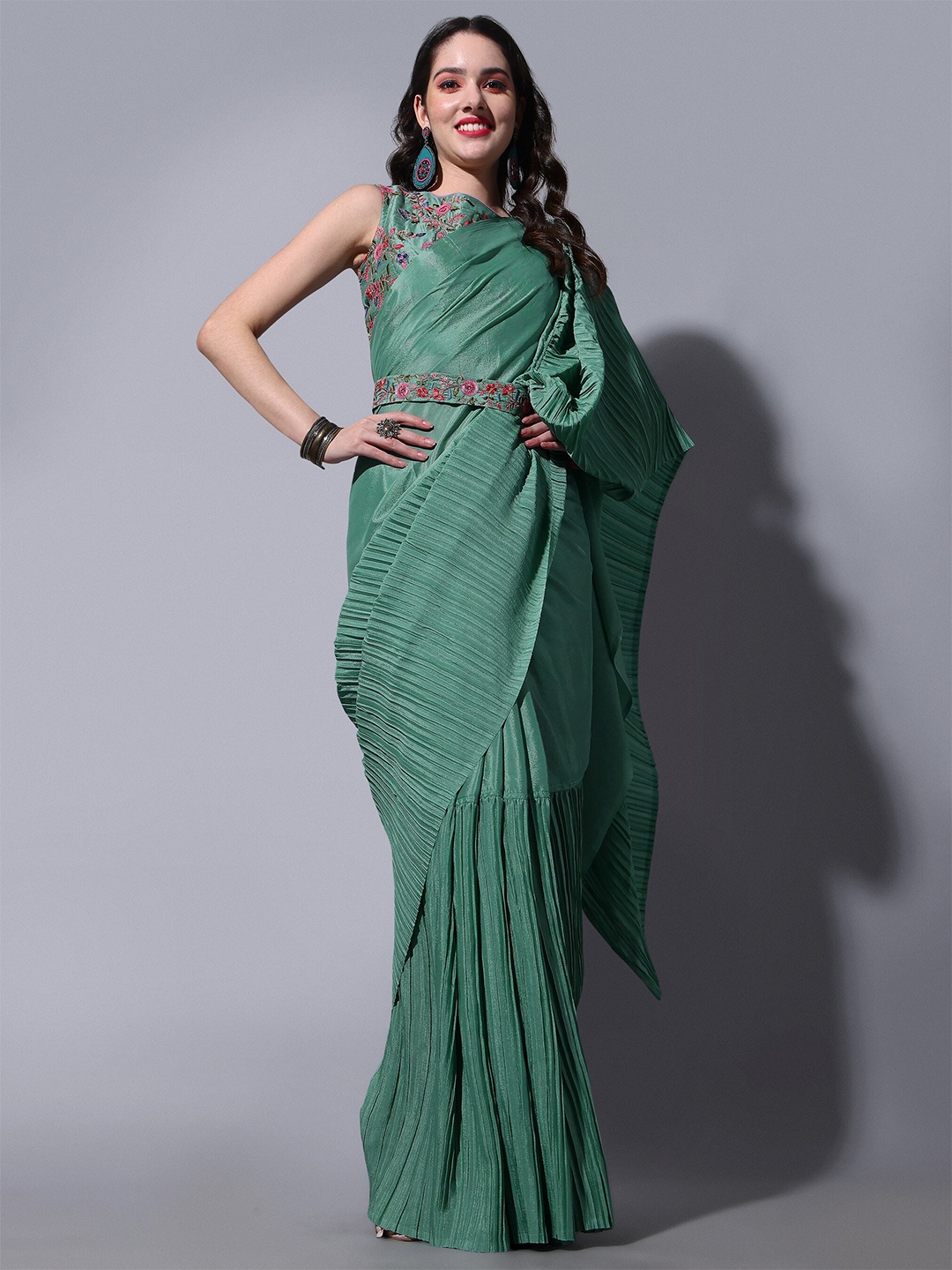 

ASPORA Waist Belted Poly Chiffon Saree, Green