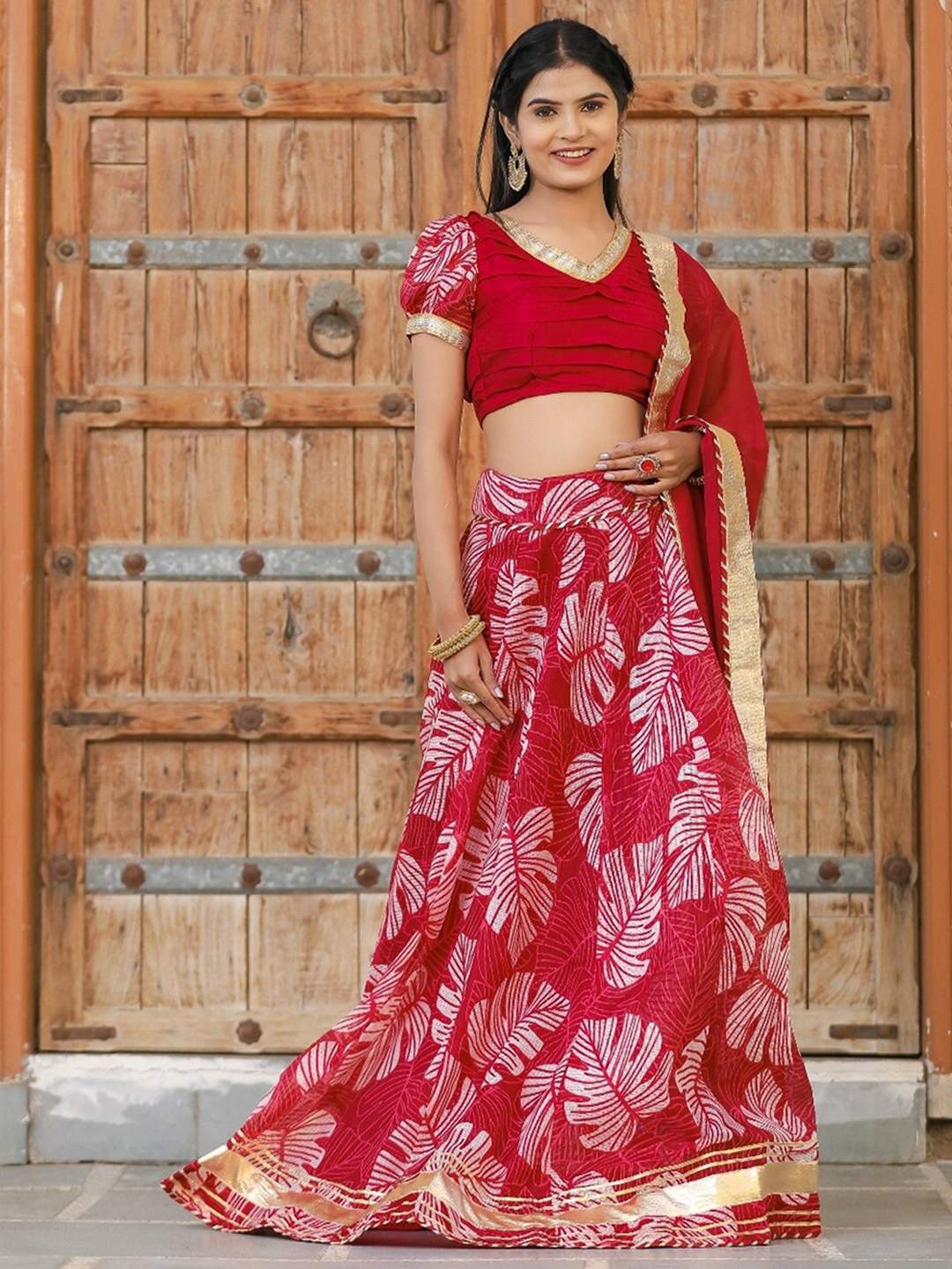 

Indi INSIDE Printed Ready to Wear Lehenga & Unstitched Blouse With Dupatta, Red