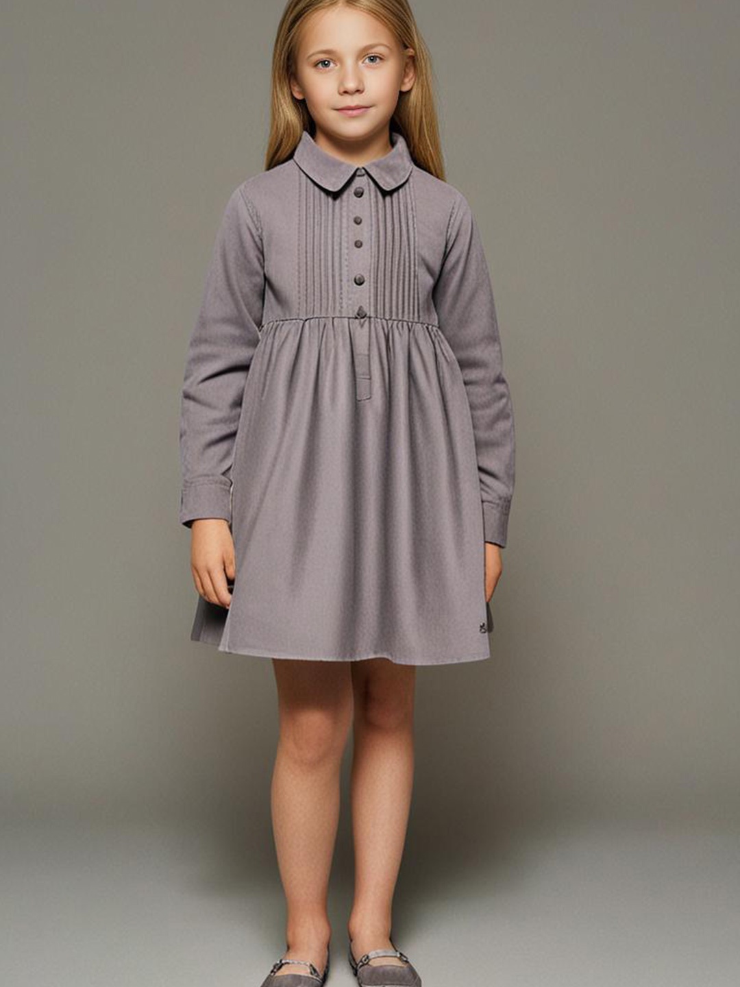 

Cherry Crumble Girls Shirt Collar Pleated Fit and Flare Cotton Dress, Grey