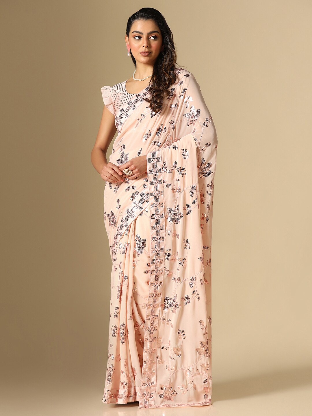 

Satrani Floral Sequinned Saree, Peach