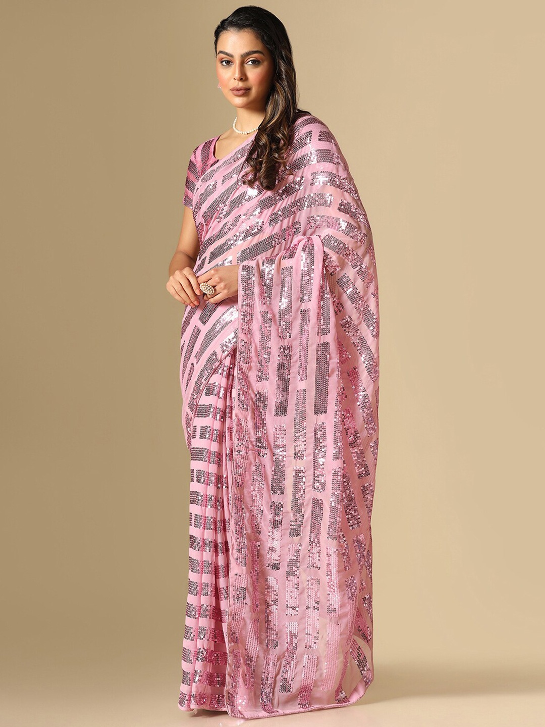 

Satrani Embellished Sequined Saree, Pink
