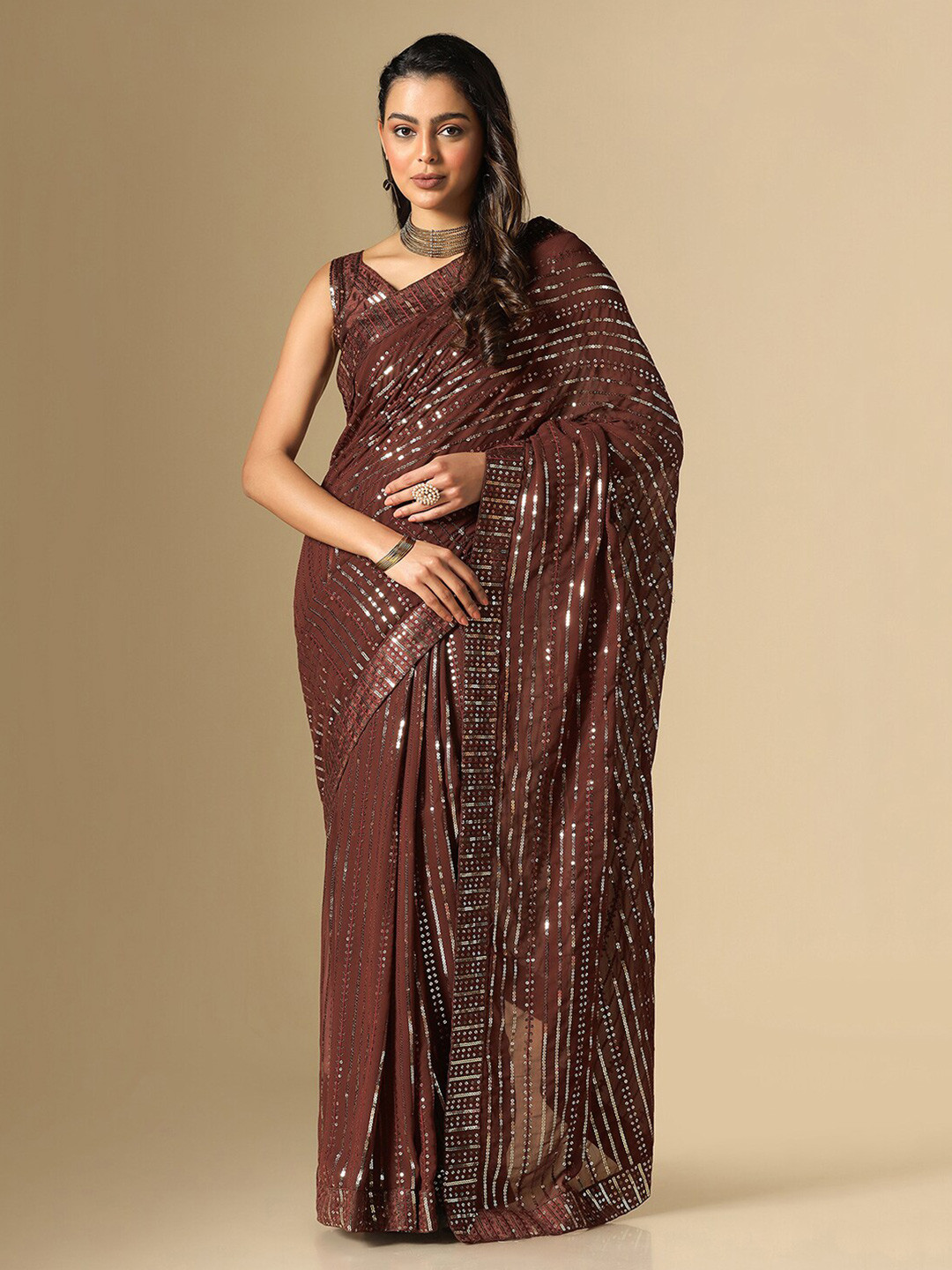 

Satrani Sequin Work Embellished Saree, Brown