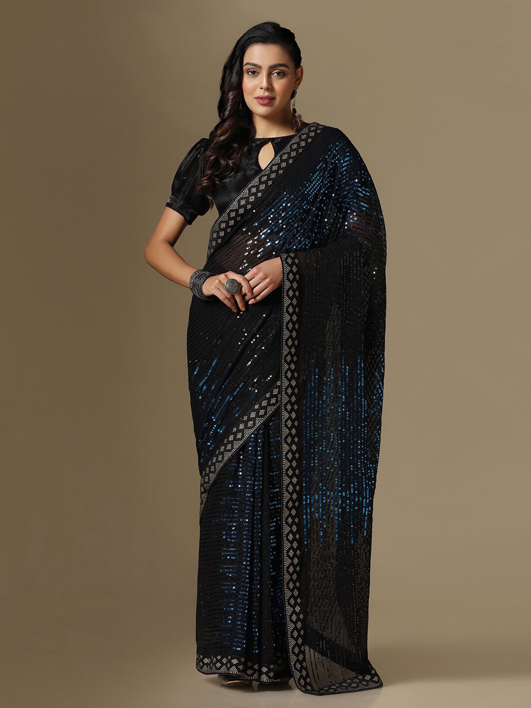

Satrani Embellished Sequinned Saree, Blue