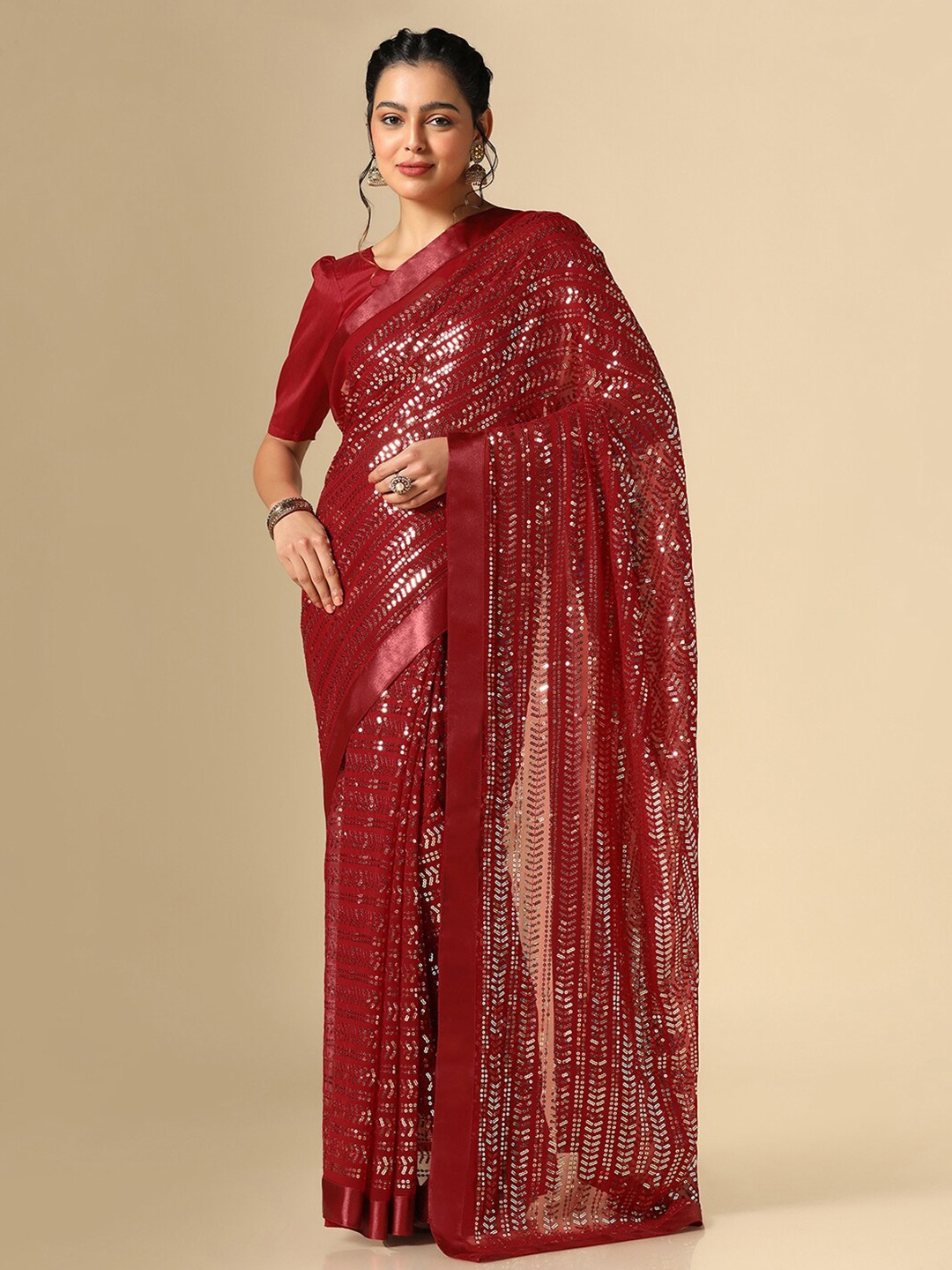 

Satrani Embellished Sequinned Saree, Maroon
