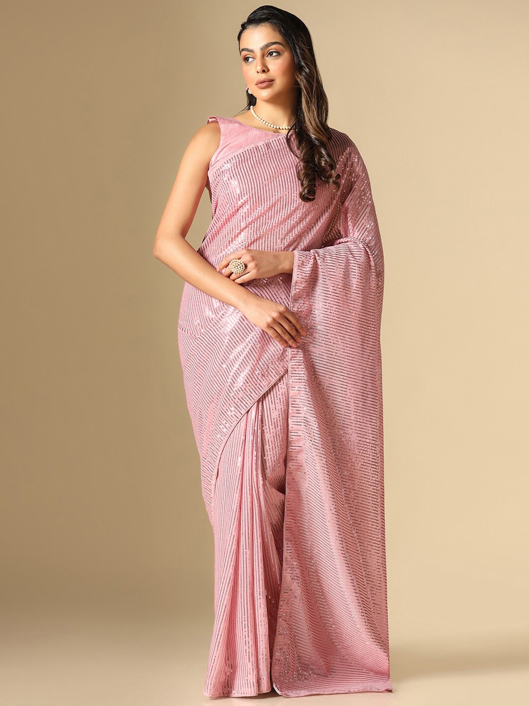 

Satrani Embellished Sequinned Saree, Pink