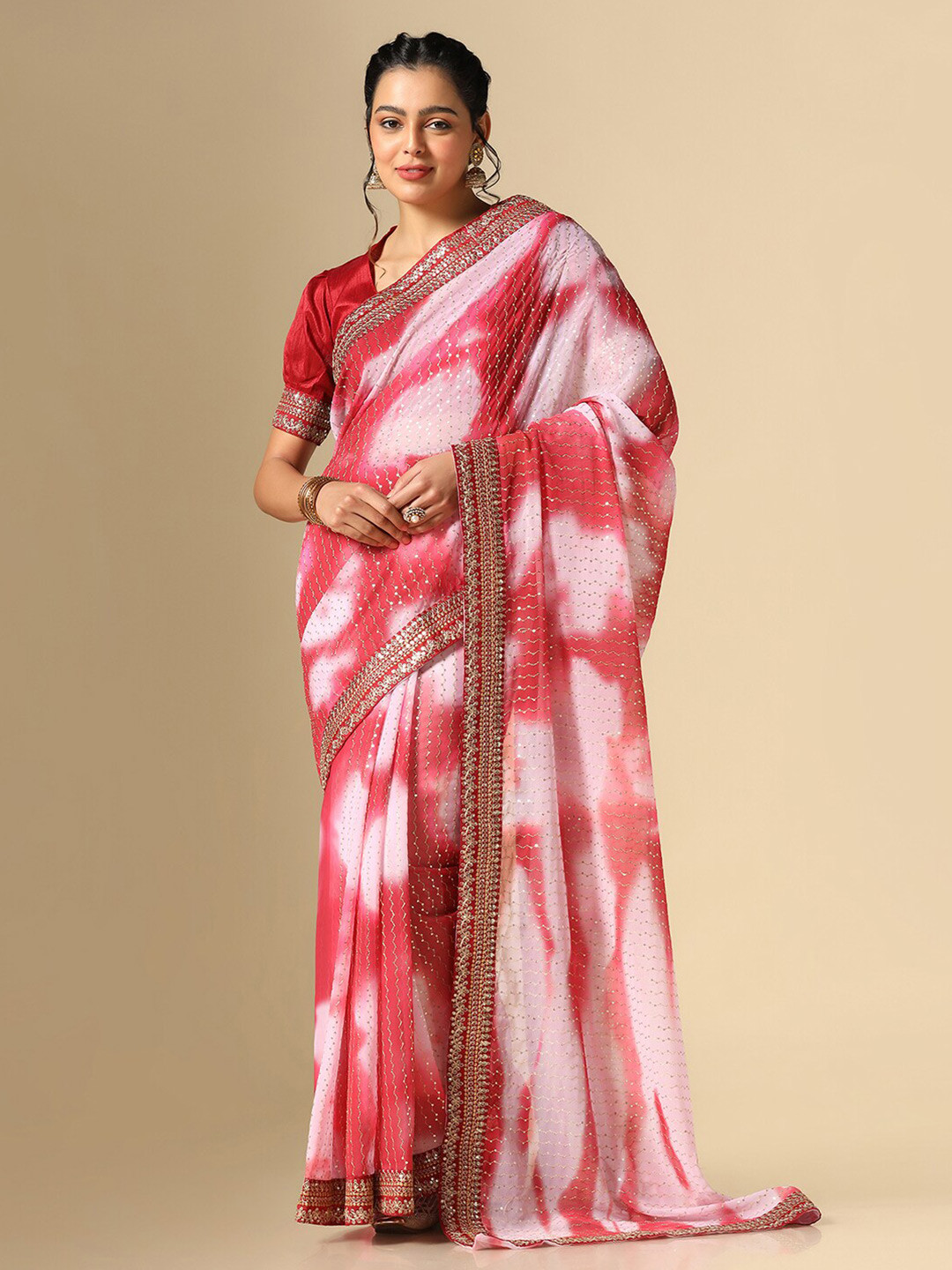 

Satrani Ethnic Motifs Embroidered Saree, Pink