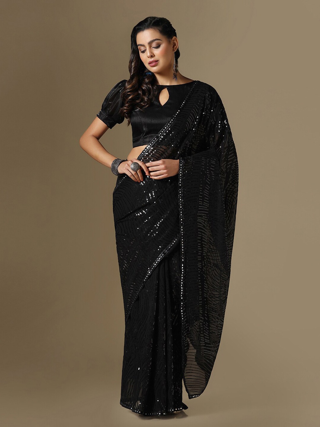 

Satrani Embellished Sequinned Saree, Black