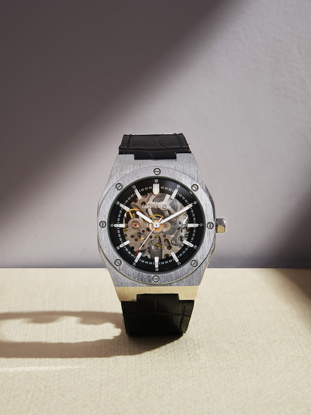 

French Connection Men Skeleton Dial & Leather Textured Straps Automatic Watch FCA02-9, Silver