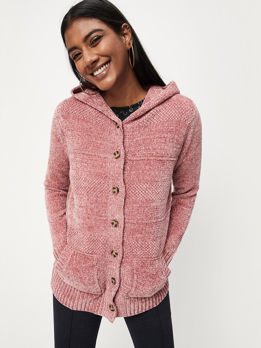 

max Women Hooded Cable Knit Cardigan, Pink