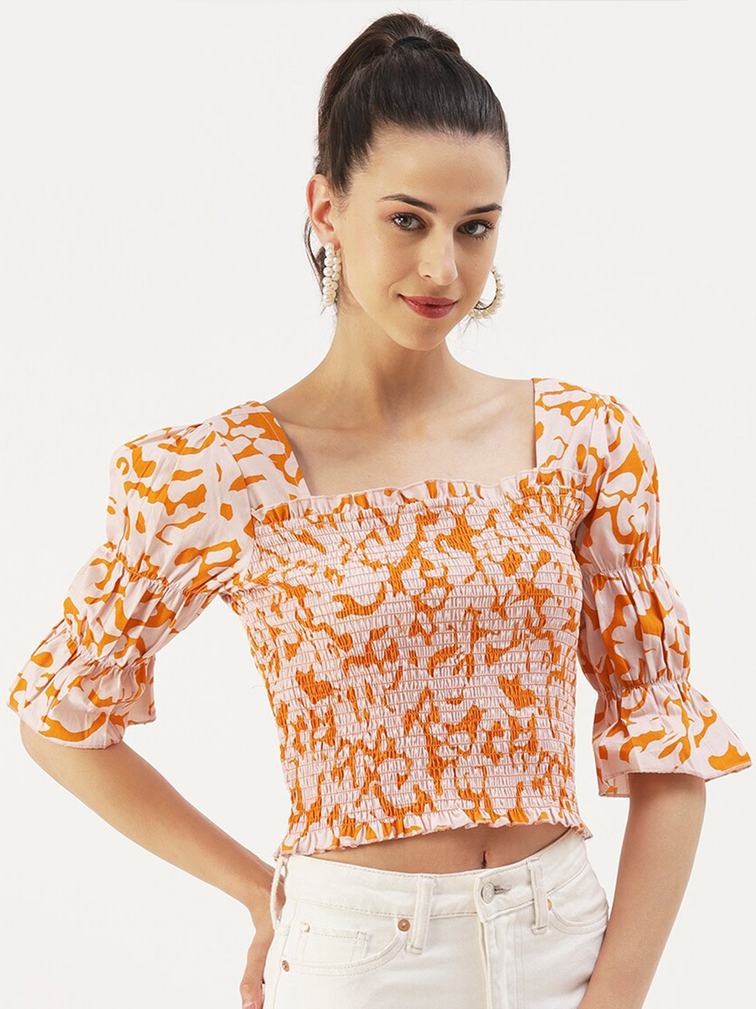 

DressBerry Abstract Print Square Neck Crop Top, Orange