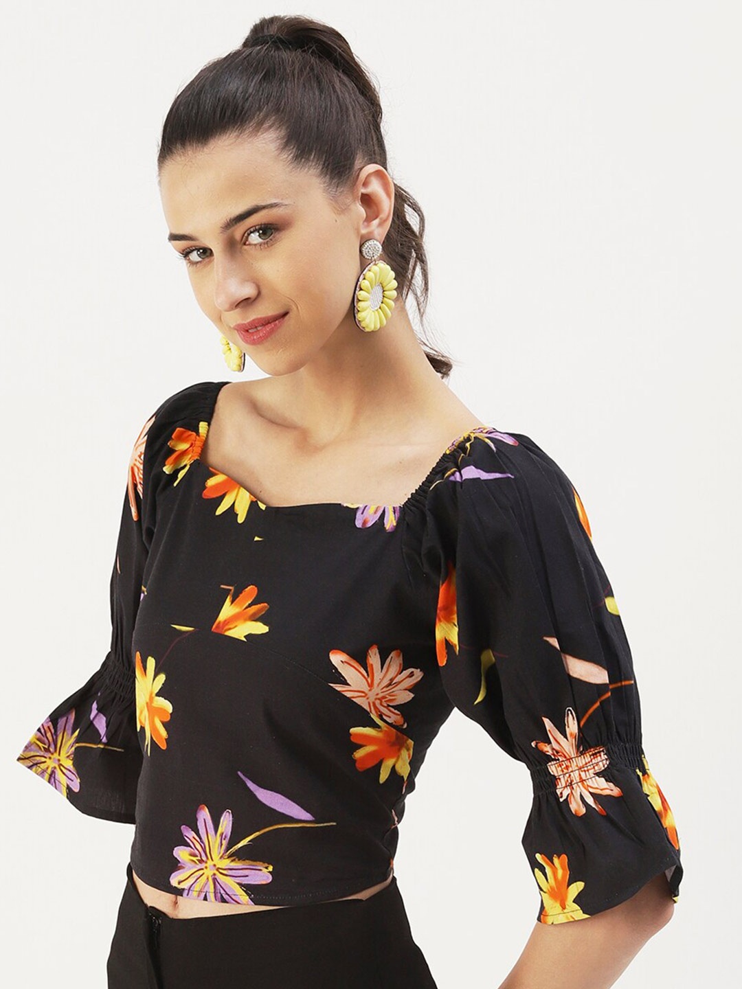 

DressBerry Floral Print Cotton Top, Black