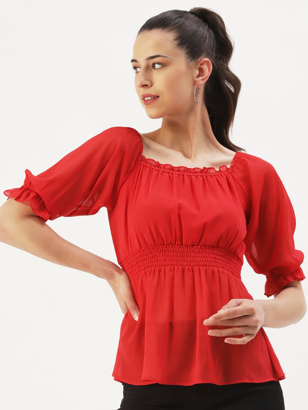 

DressBerry Puff Sleeves Georgette Cinched Waist Top, Red