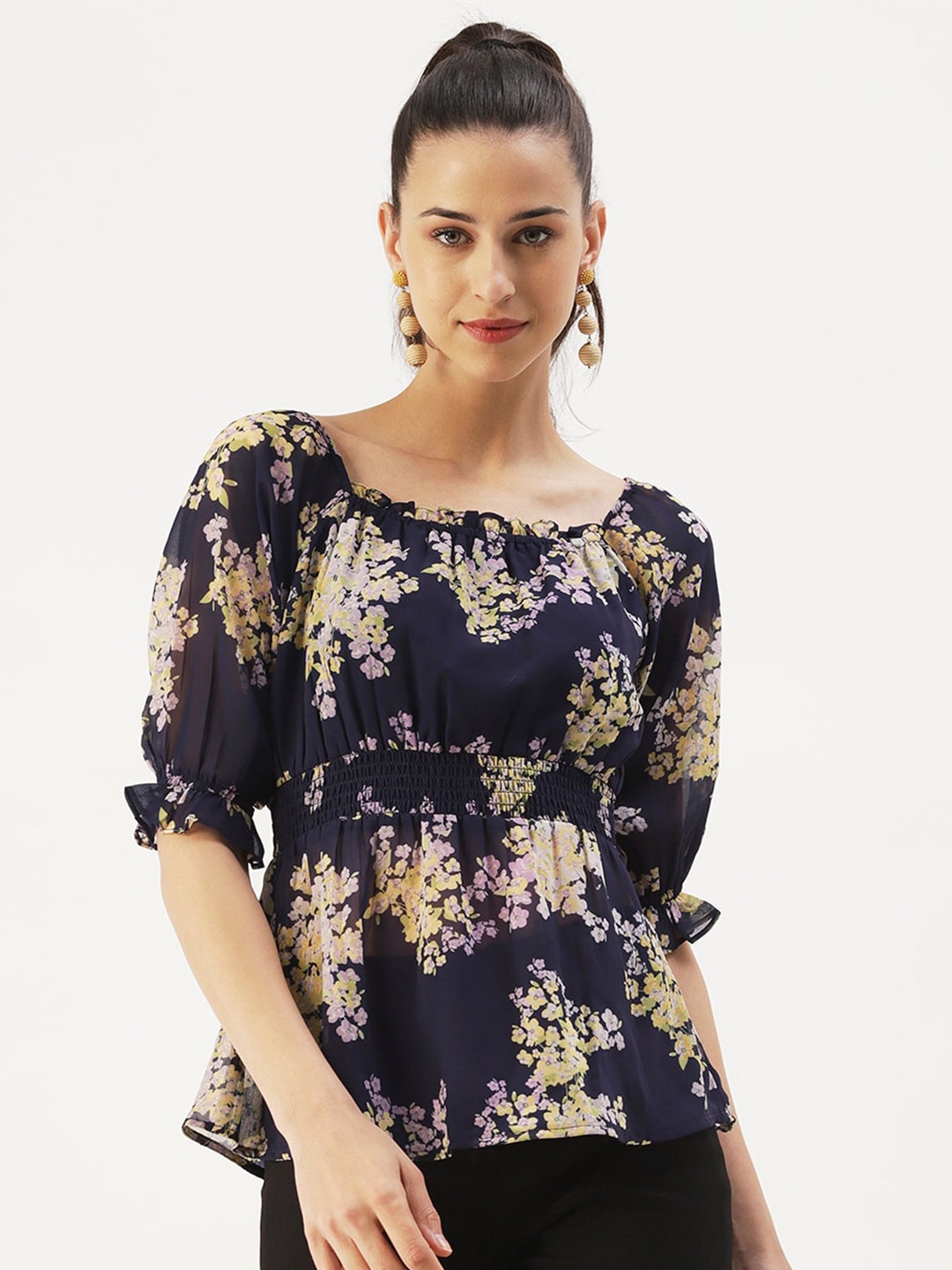 

DressBerry Floral Print Georgette Cinched Waist Top, Blue