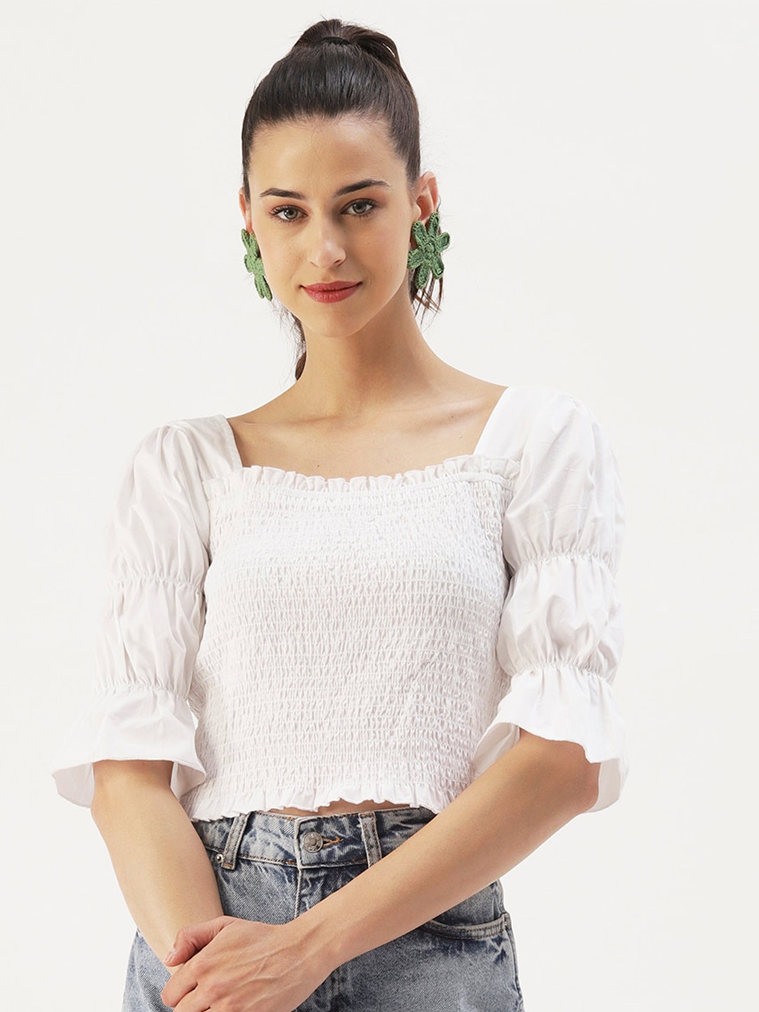 

DressBerry Puff Sleeves Square Neck Crop Top, White