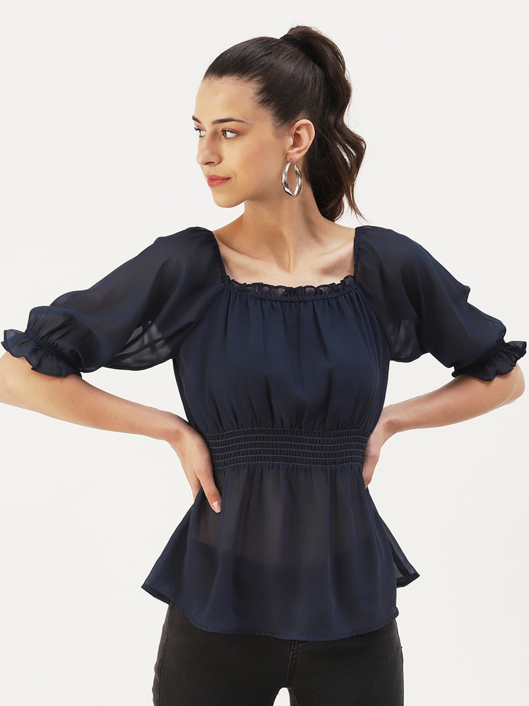 

DressBerry Puff Sleeves Cinched Waist Top, Navy blue