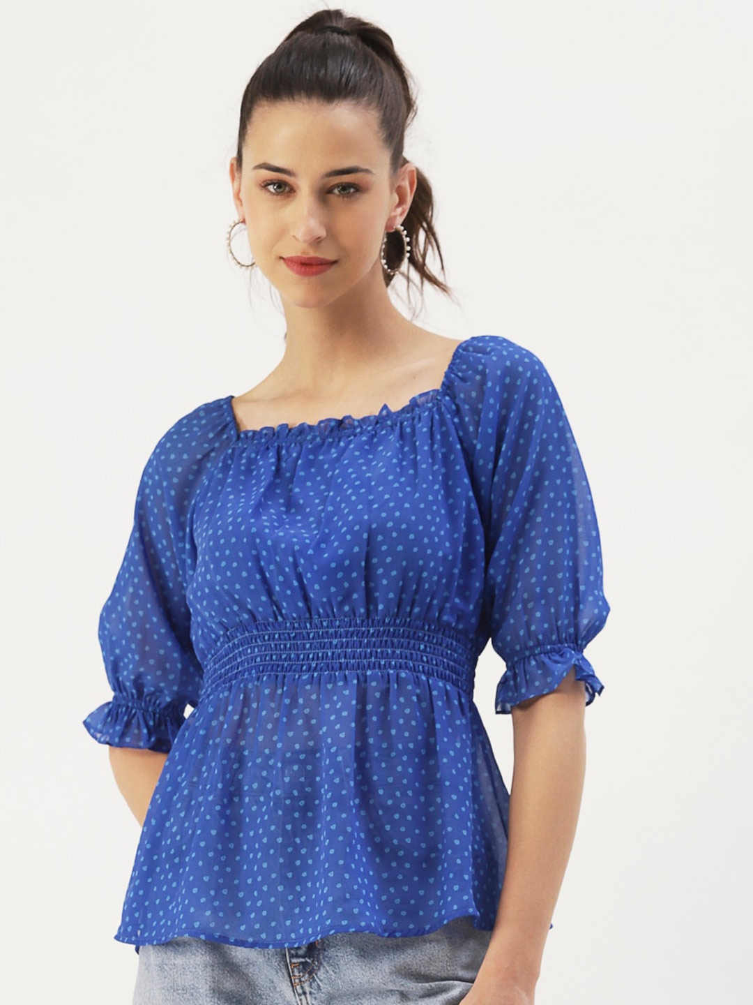 

DressBerry Square Neck Georgette Cinched Waist Top, Blue