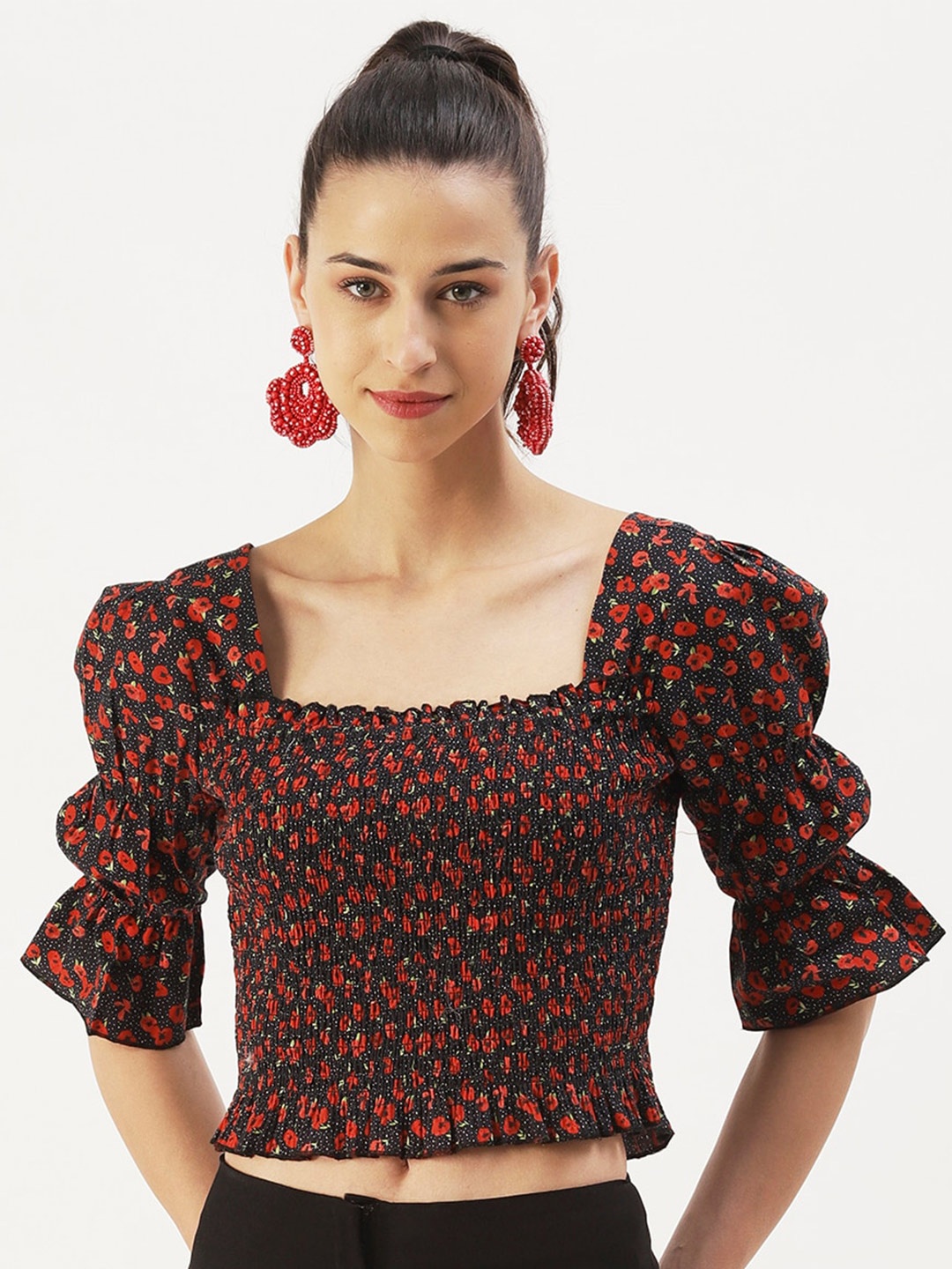 

DressBerry Square Neck Floral Print Crop Cotton Top, Red