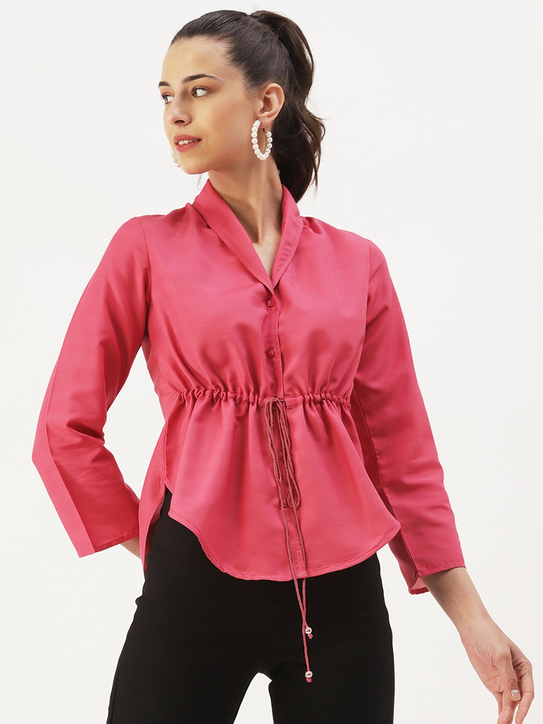 

DressBerry Pink V Neck Cinched Waist Top