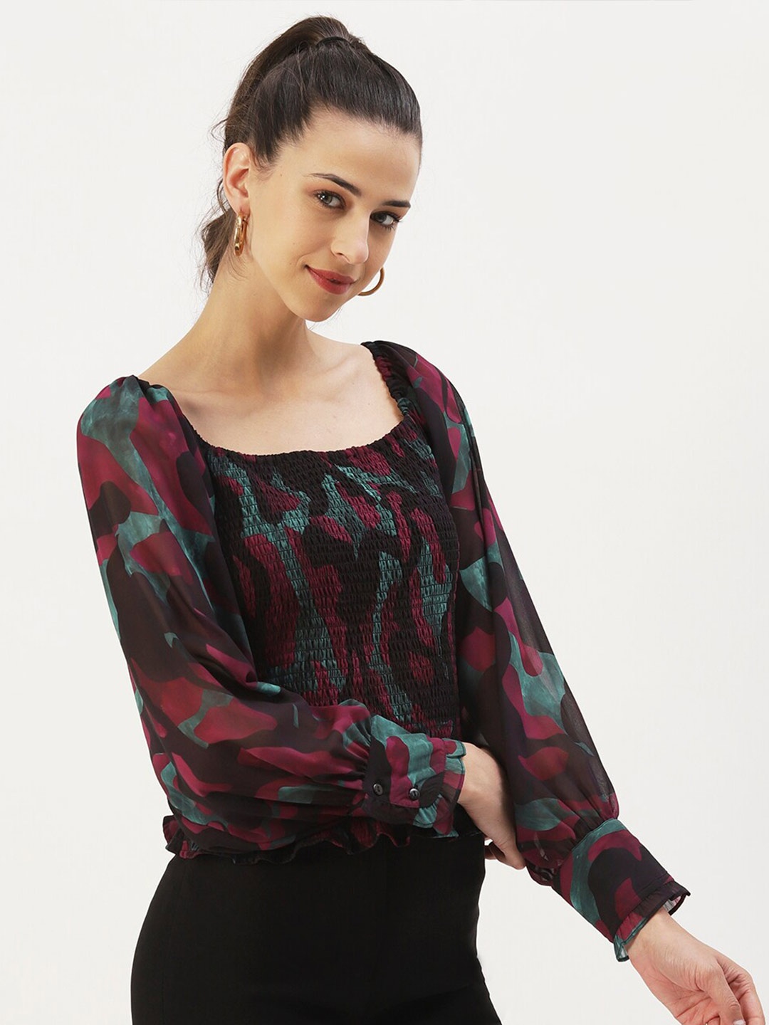 

DressBerry Floral Printed Smocked Georgette Top, Black