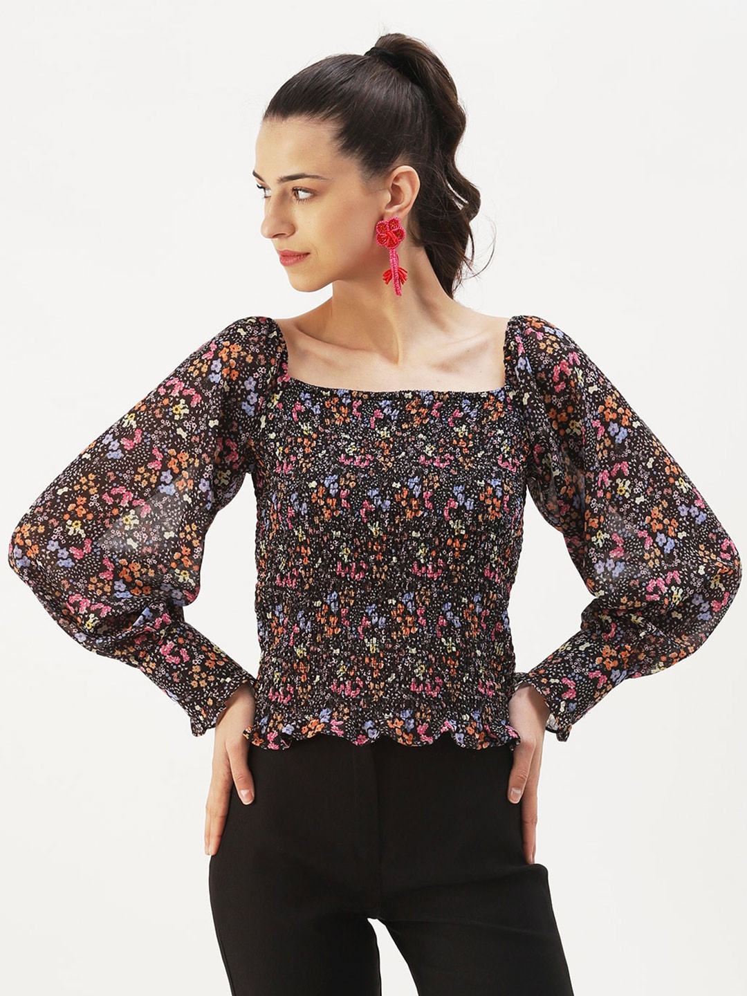 

DressBerry Floral Print Smocked Georgette Top, Black