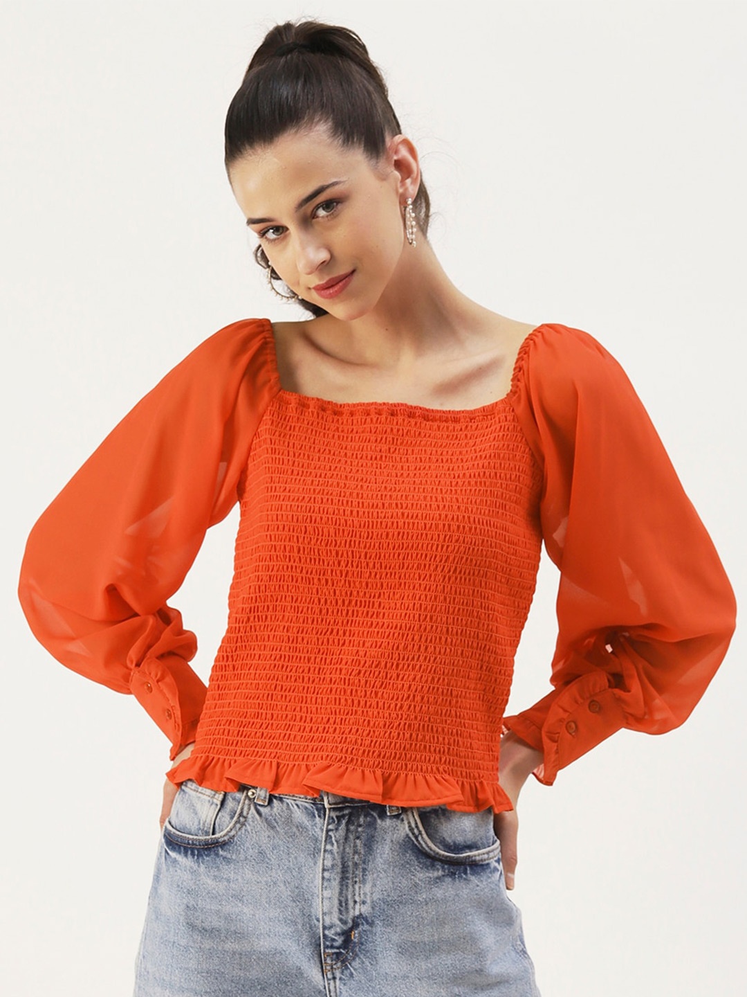 

DressBerry Square Neck Smocked Top, Orange