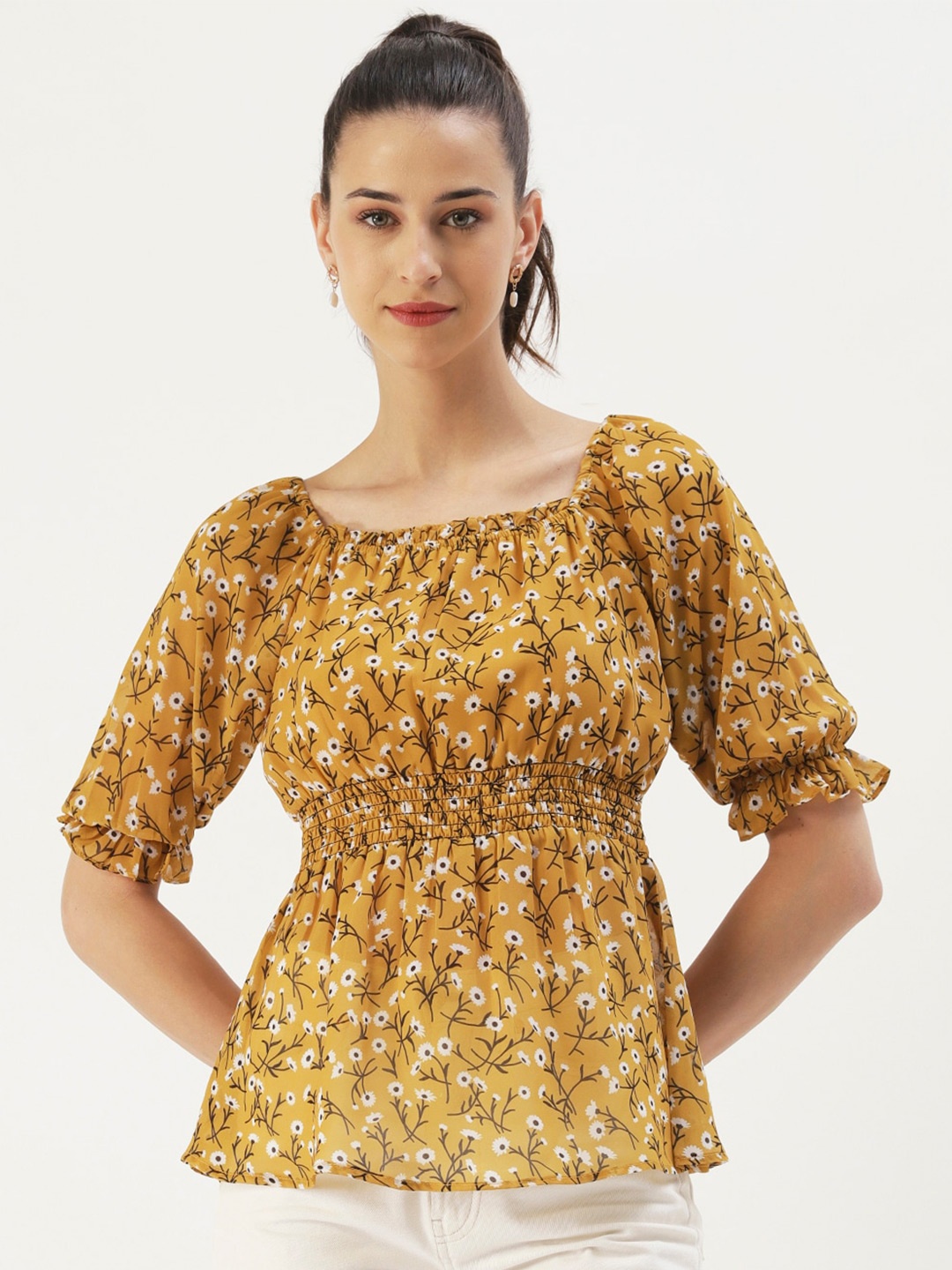 

DressBerry Floral Printed Square Neck Cinched Waist Top, Mustard