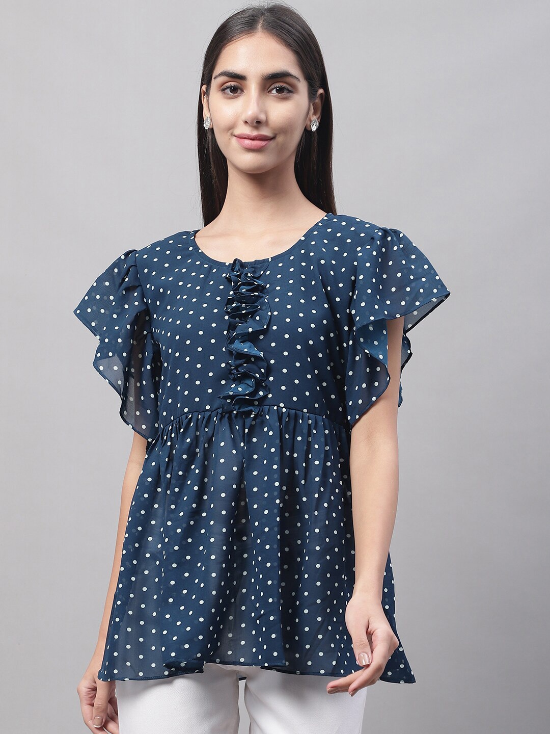 

NoBarr Polka Dots Printed Ruffled Flutter Sleeves Cotton A-Line Top, Navy blue