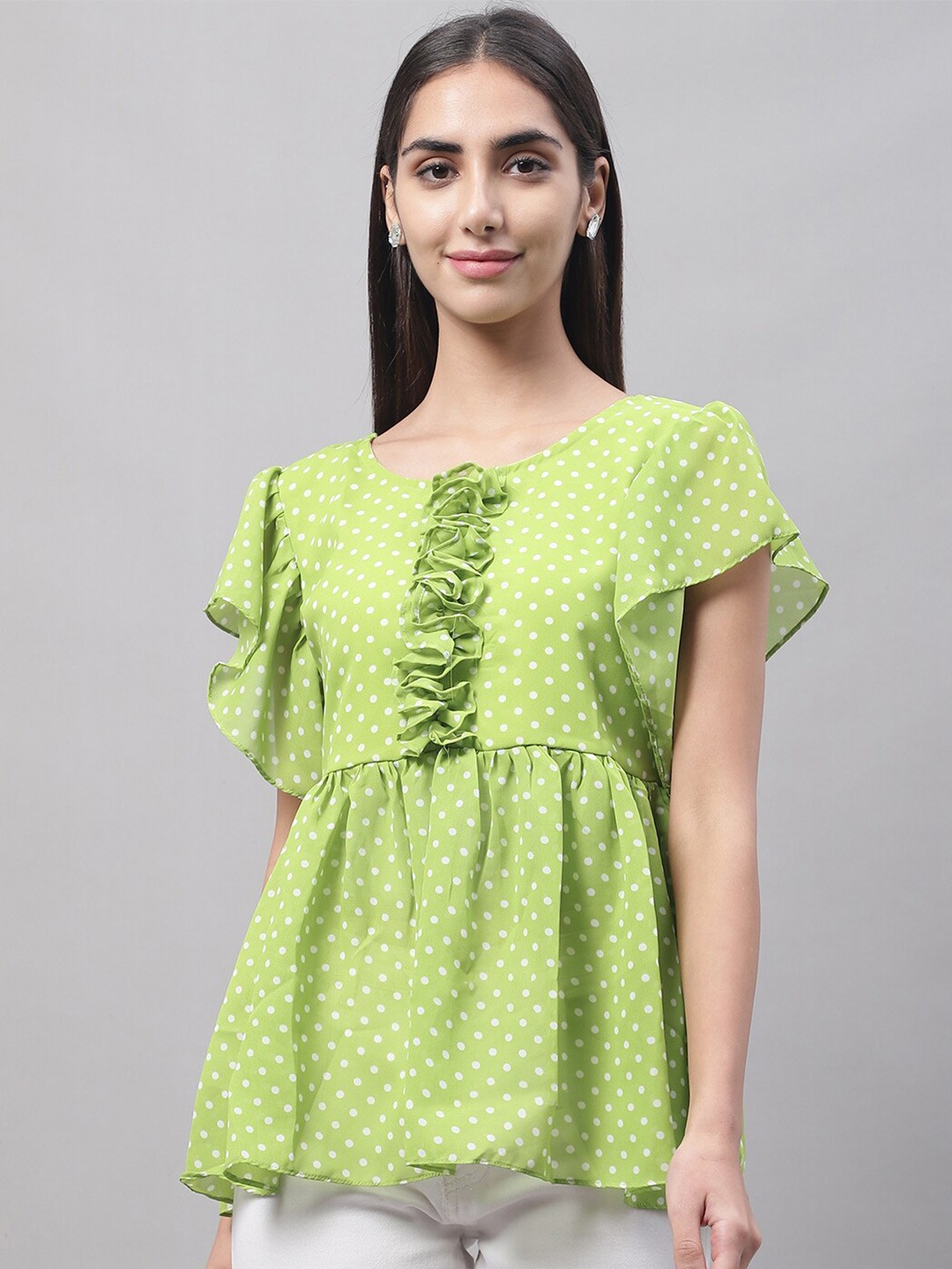 

NoBarr Polka Dot Print Cinched Waist Cotton Top, Green
