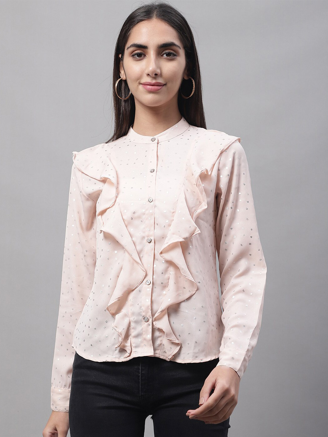 

NoBarr Pink Mandarin Collar Shirt Style Top