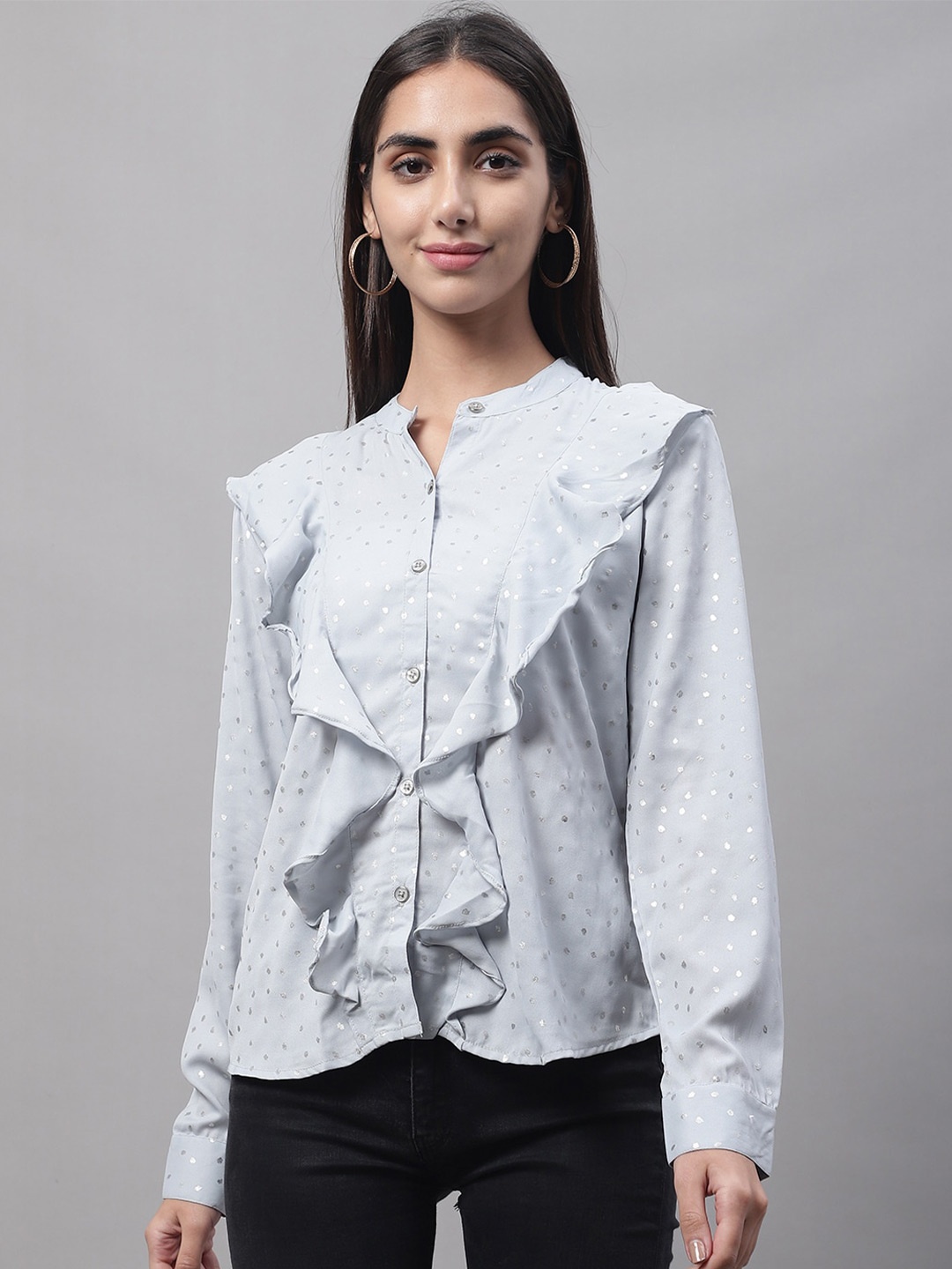 

NoBarr Mandarin Collar Shirt Style Cotton Top, Blue
