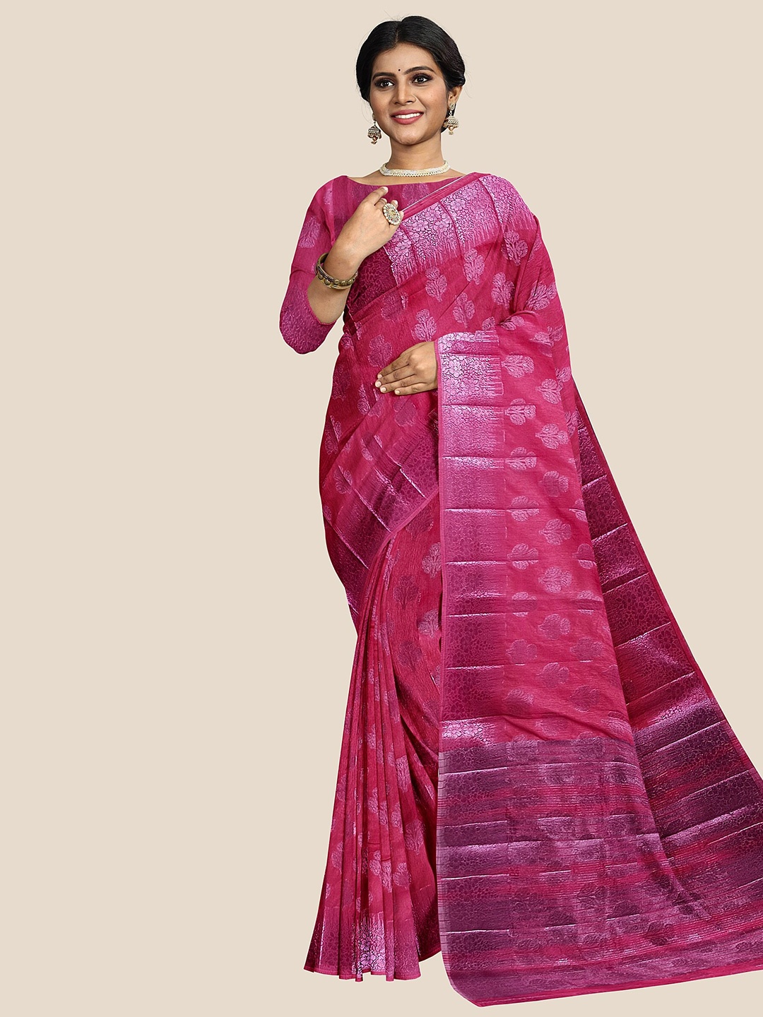 

The Chennai Silks Woven Design Zari Jute Cotton Banarasi Saree, Pink
