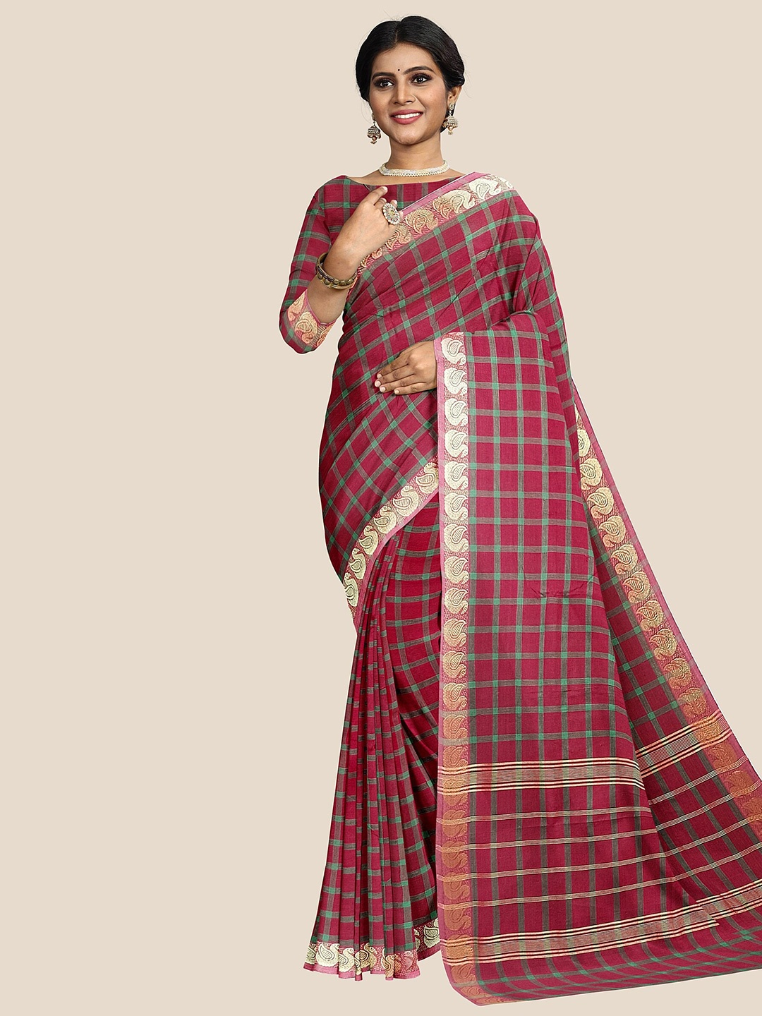 

The Chennai Silks Checked Zari Pure Cotton Chettinad Saree, Red