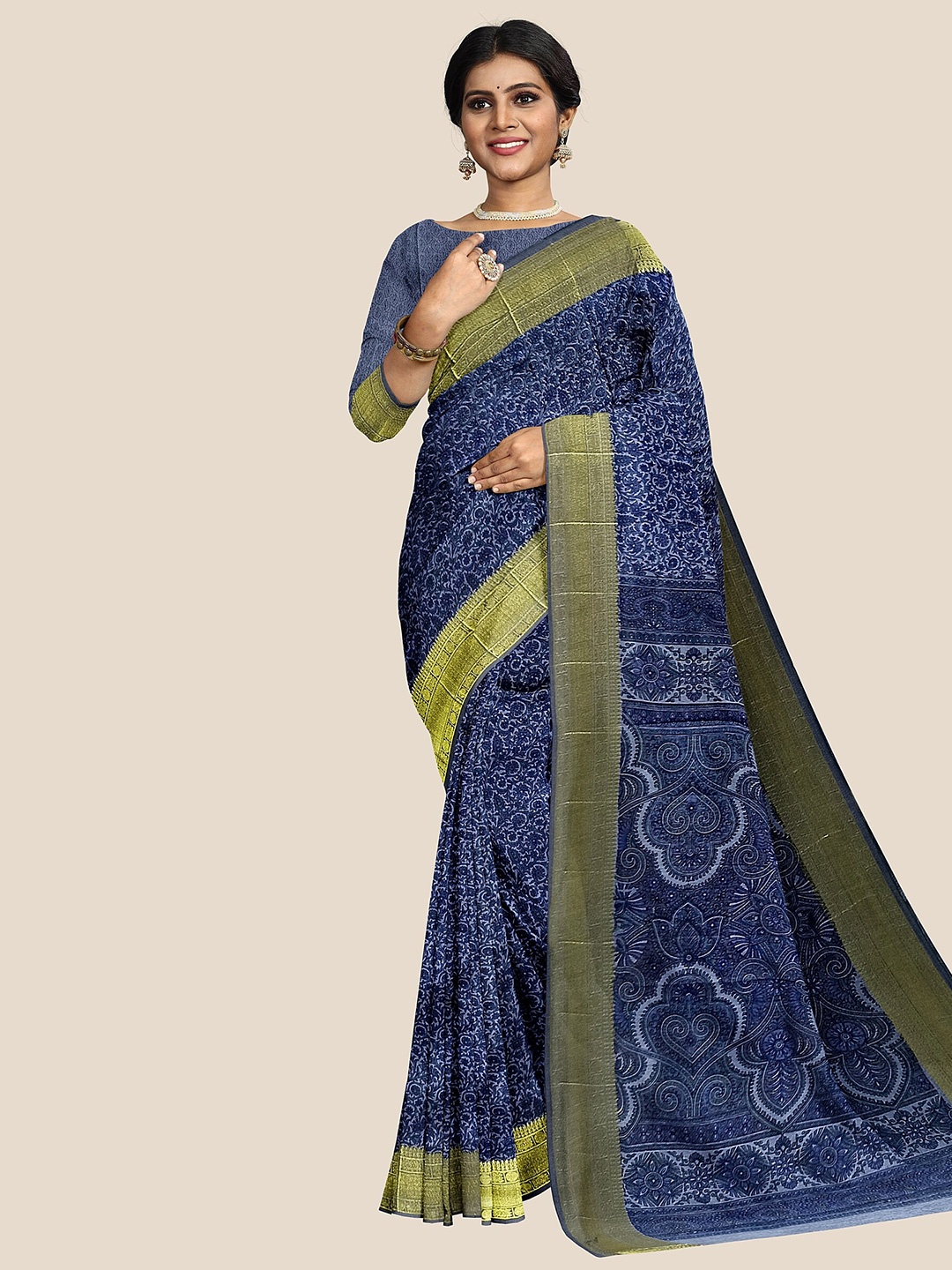 

The Chennai Silks Ethnic Printed Zari Bordered Chanderi Saree, Navy blue
