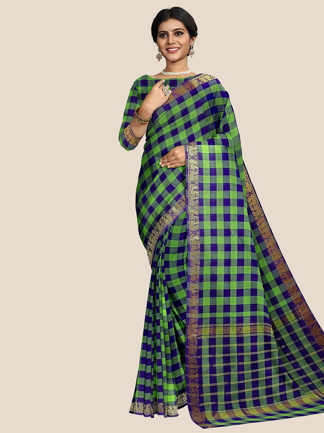 

The Chennai Silks Checked Pure Cotton Chettinad Saree, Green