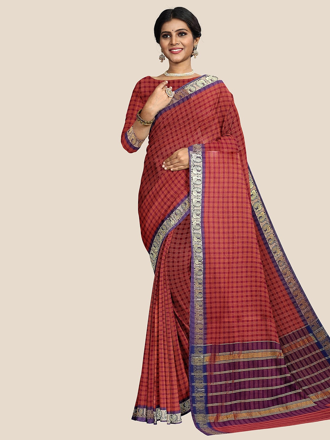 

The Chennai Silks Checked Zari Pure Cotton Chettinad Saree, Maroon