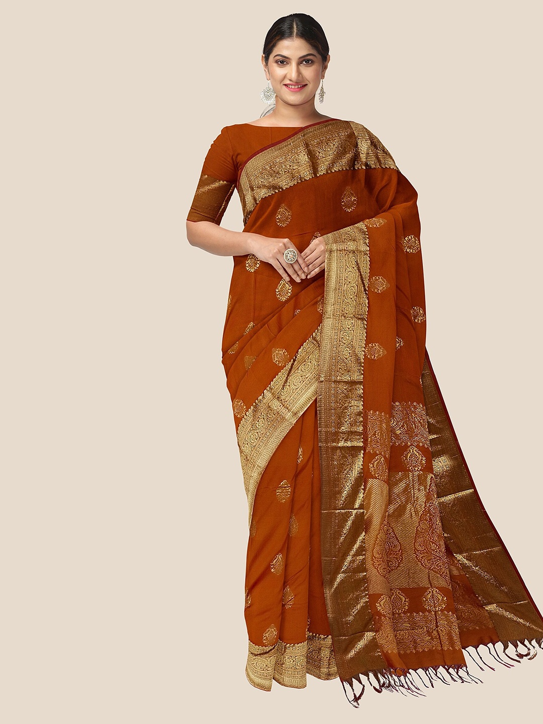 

The Chennai Silks Ethnic Motif Woven Design Zari Pure Silk Arani Saree, Orange