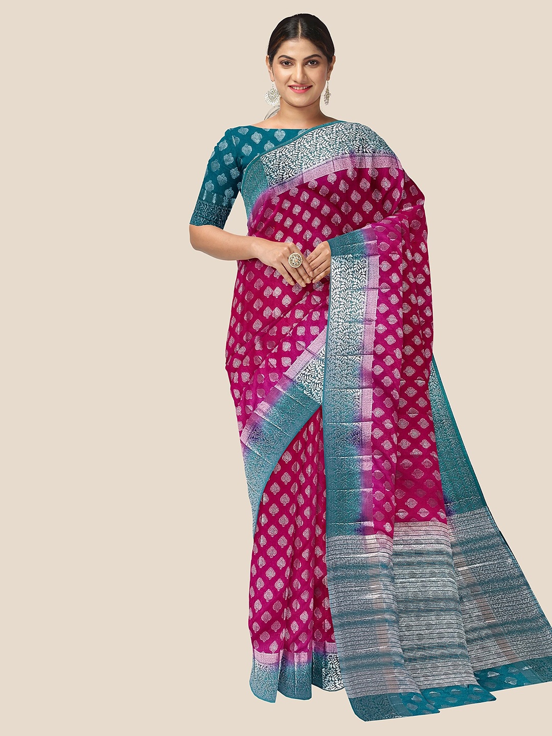 

The Chennai Silks Ethnic Motif Woven Design Zari Banarasi Saree, Magenta