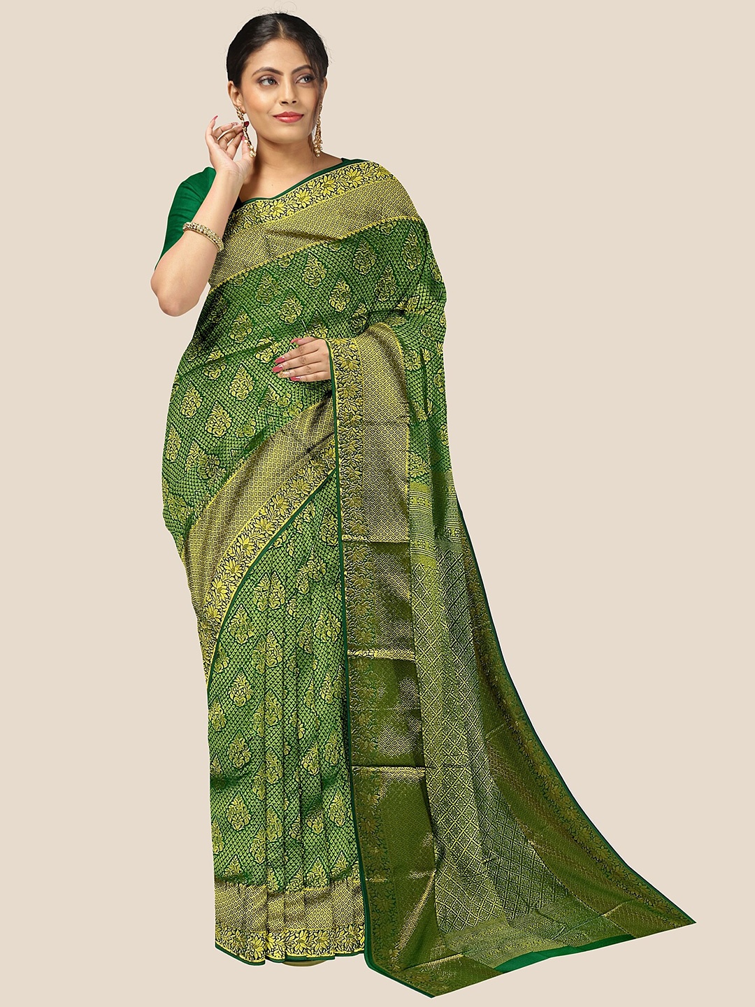

The Chennai Silks Ethnic Motif Woven Design Zari Pure Silk Arani Saree, Green