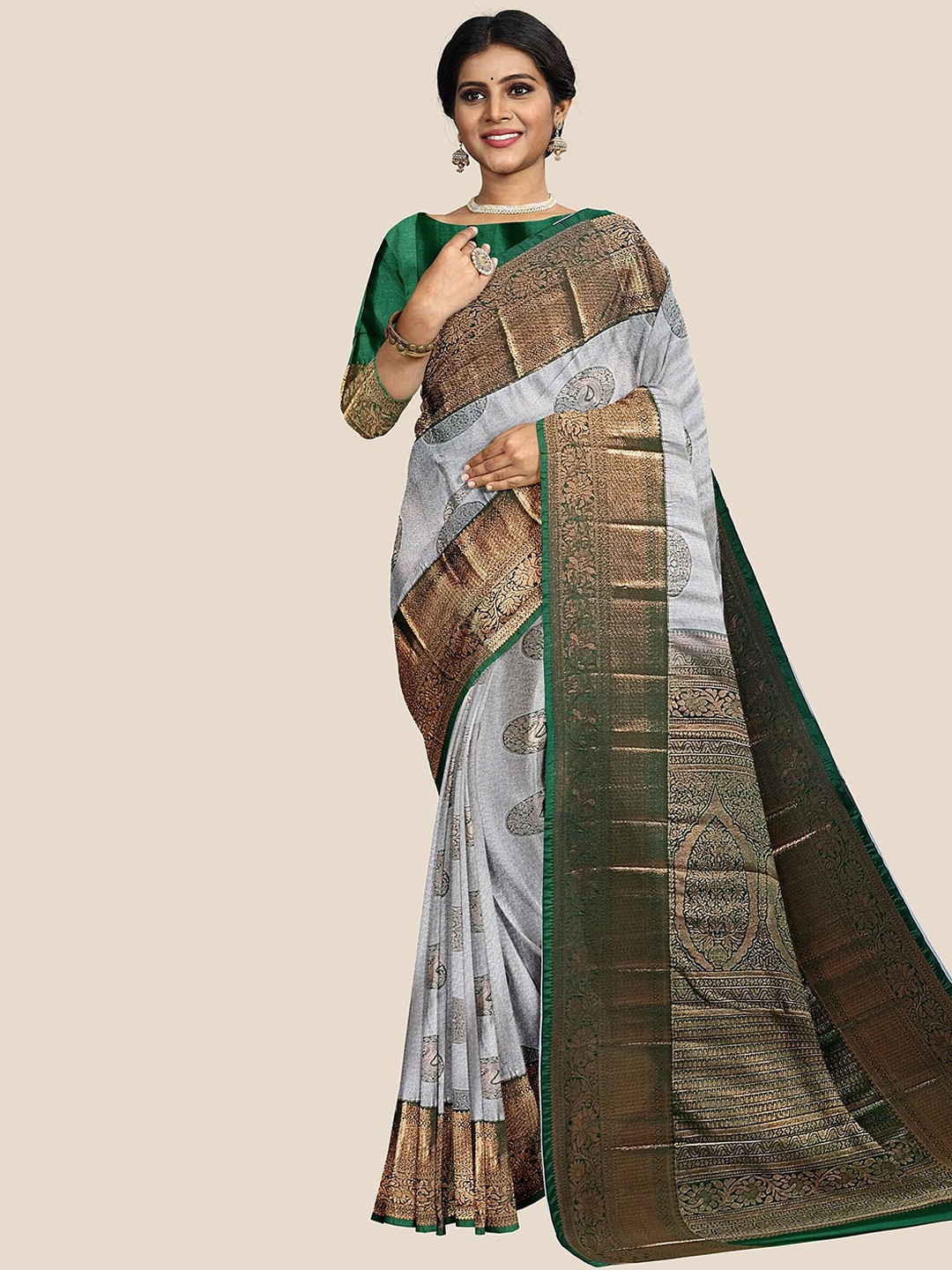 

The Chennai Silks Ethnic Motif Woven Design Zari Pure Silk Arani Saree, Grey