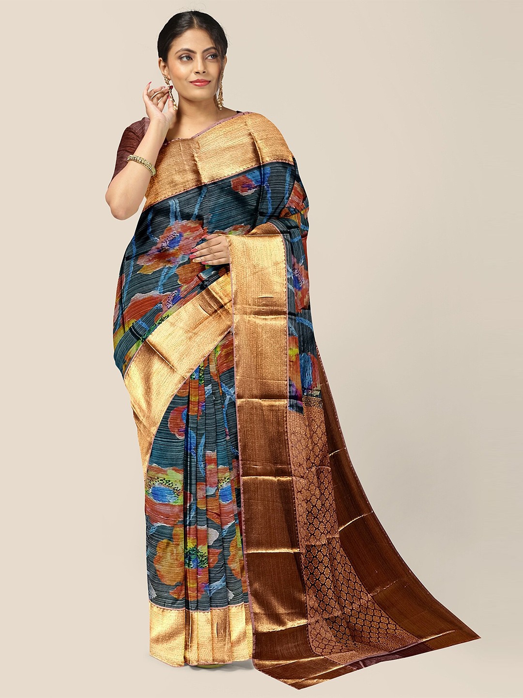 

The Chennai Silks Floral Zari Pure Silk Dharmavaram Saree, Navy blue