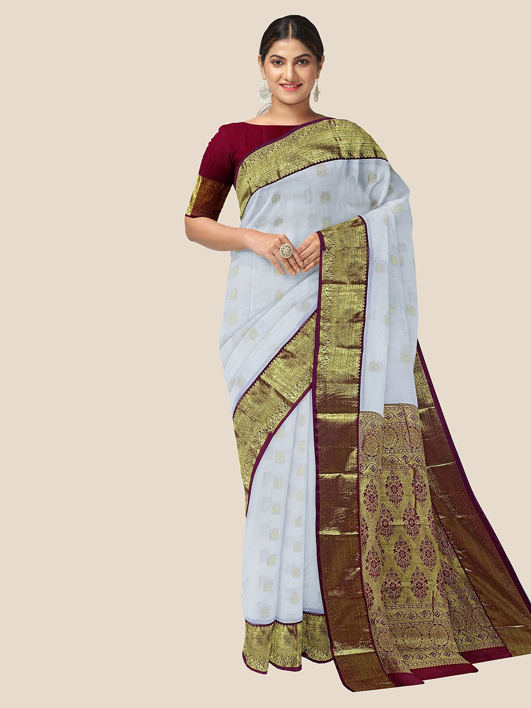 

The Chennai Silks Ethnic Motifs Zari Pure Silk Dharmavaram Saree, White