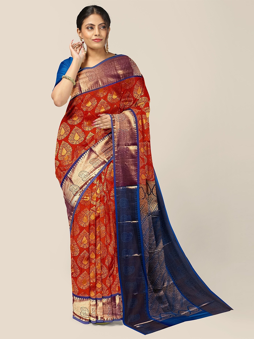 

The Chennai Silks Red & Blue Woven Design Zari Pure Silk Arani Saree