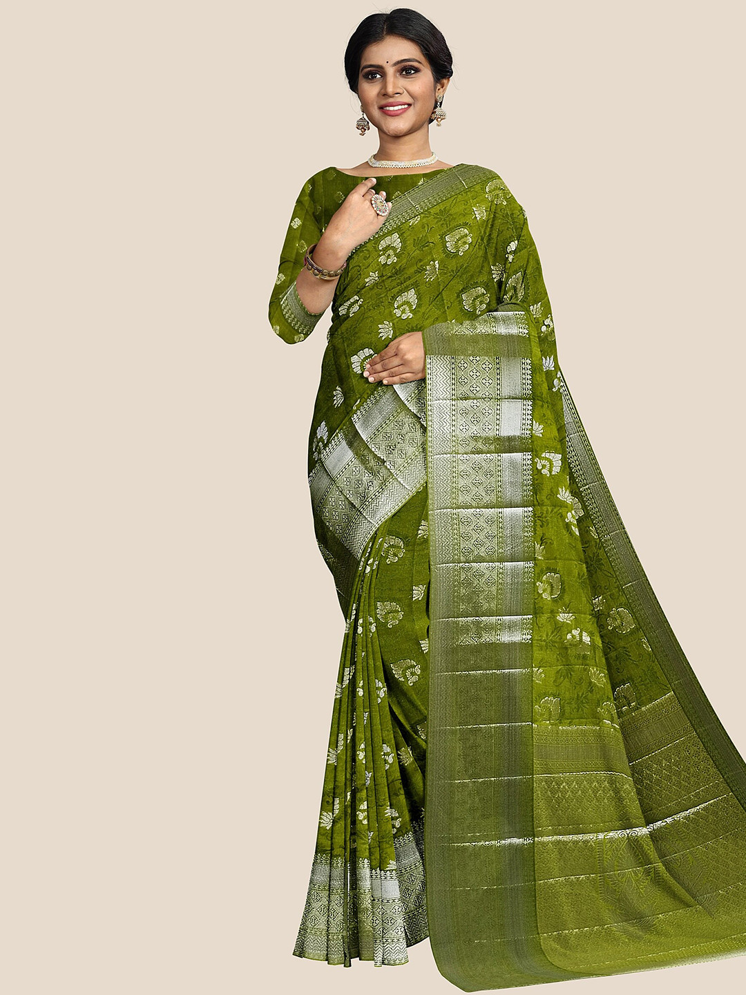 

The Chennai Silks Woven Design Zari Jute Cotton Banarasi Saree, Green