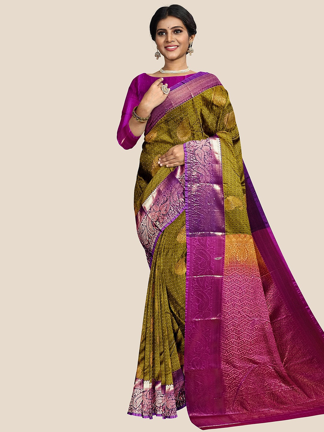 

The Chennai Silks Woven Design Zari Pure Silk Arani Saree, Olive