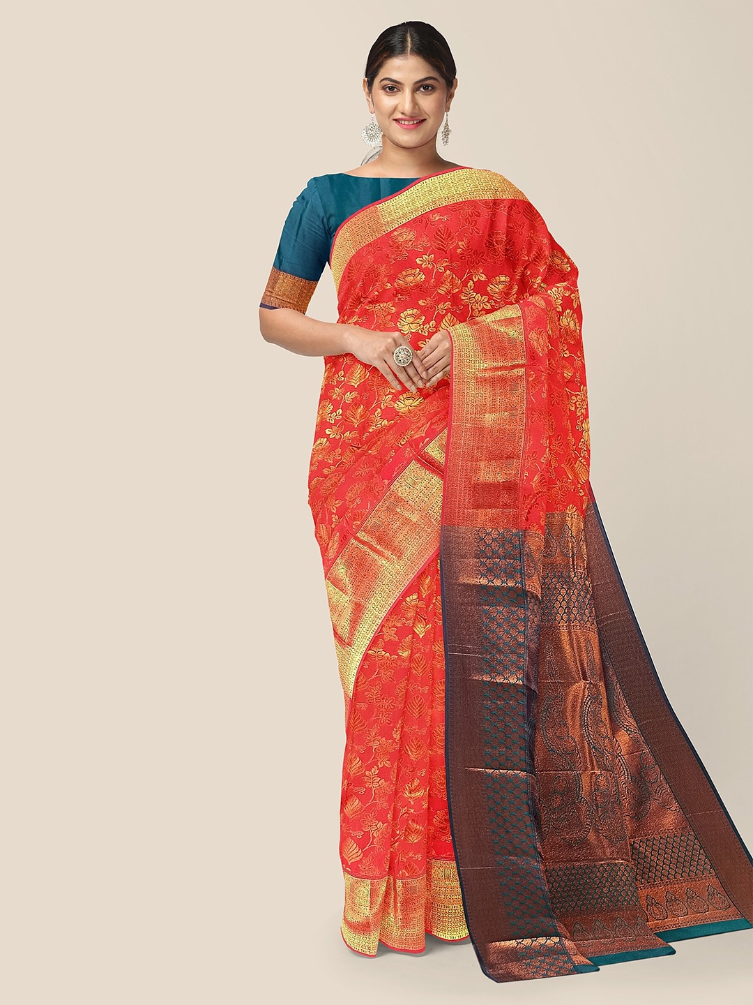 

The Chennai Silks Floral Zari Pure Silk Arani Saree, Red