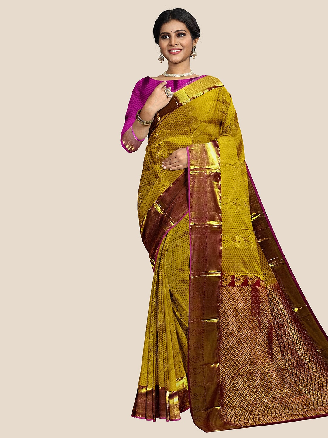 

The Chennai Silks Ethnic Motifs Woven Design Zari Detail Pure Silk Arani Saree, Gold