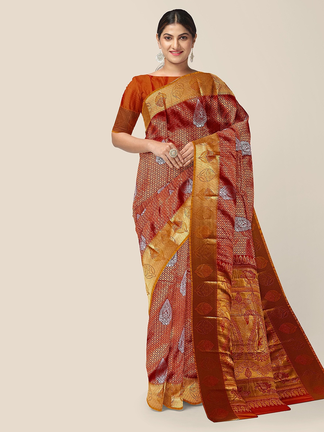 

The Chennai Silks Ethnic Motifs Woven Design Zari Detail Pure Silk Arani Saree, Red